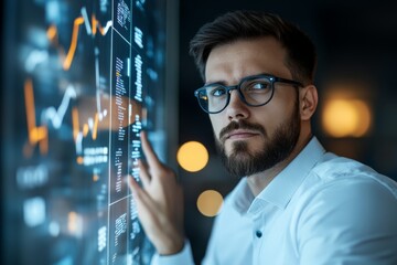 Poster - A focused man with glasses intensely examines a large digital screen displaying complex graphs, symbolizing the analytical depth and precision of data analysis.