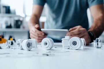 Poster - A person examines modern 3D-printed prototypes on a desk, showcasing innovative design and precision in a contemporary workspace setting with a focus on technology.