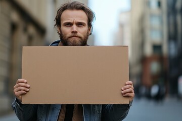 Bearded man is holding a blank cardboard poster on the street. Copy space for text