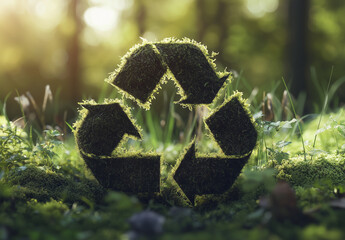 Wall Mural - A green Earth with moss growing on it inside the recycling symbol, the background is blurred greenery. The concept conveys environmental awareness and sustainability in waste management.