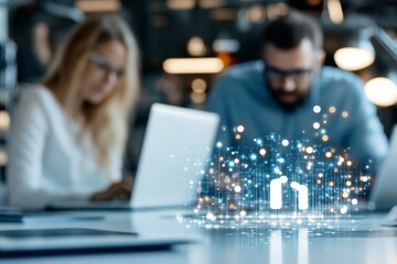 Poster - Two focused professionals work on laptops, surrounded by modern office decor and digital security hologram, symbolizing technology and collaboration.