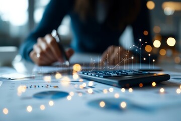 Poster - A businesswoman focuses on financial calculations with a futuristic data interface overlayed on her workspace, symbolizing progress and technology in business.