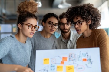 Poster - Young adults gathered around a project board actively discussing their ideas, representing collaboration and innovation in a creative workspace environment.