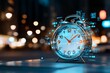 © Odin AI - A close-up of a classic alarm clock enhanced with a digital interface background, symbolizing the passage of time amidst a blurred cityscape at night.