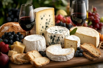 Variety of french cheese, wine and grapes displayed on rustic wooden board