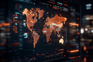Poster - A high-tech digital display of a glowing world map with data charts and analytics graphics, showcasing global connectivity and technological advancements.
