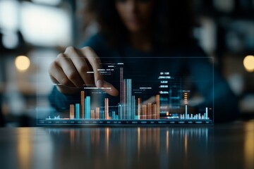 Poster - A futuristic scene featuring a hand interacting with a transparent holographic data chart, illustrating technological interaction and innovation in modern analytics.