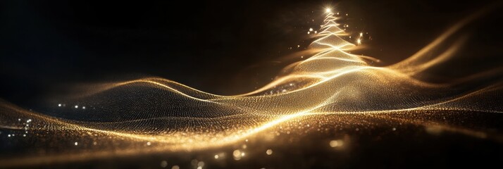 Poster - An abstract depiction of a Christmas tree is created with shimmering lights and golden waves, capturing the essence of holiday joy. Generative AI