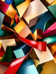Poster - Brightly colored abstract shapes suggestive of gift boxes, ribbons, and bows are intricately arranged in an engaging, dynamic design. Generative AI