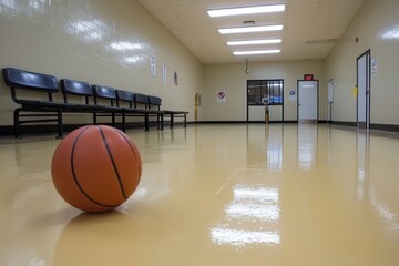 a basketball sits on the floor in a hallway