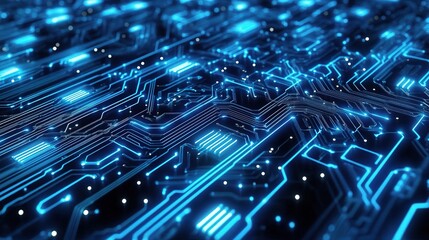 Poster - Glowing Circuit Board Abstract: A mesmerizing close-up of a futuristic circuit board, with vibrant blue lines illuminating the intricate pathways of technological innovation.