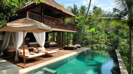 Wall Mural - A luxurious wellness retreat in a tropical location offering yoga and spa services.
