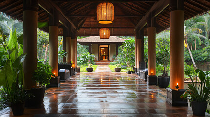 Wall Mural - A luxurious wellness retreat in a tropical location offering yoga and spa services.