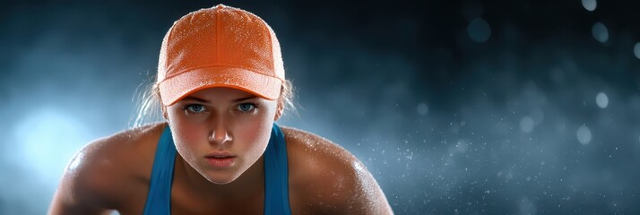 a woman wearing an orange baseball cap and blue top