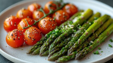 food background Freshly cooked asparagus and roasted cherry tomatoes on a white plate garnished with herbs and spices