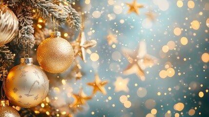 Golden Christmas Ornaments and Lights on a Snowy Fir Branch