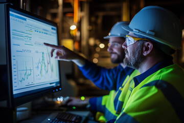 A male mechanical engineer in blue overalls and yellow helmet is sitting at the computer with his hands on keyboard, drawing design of electric motor.