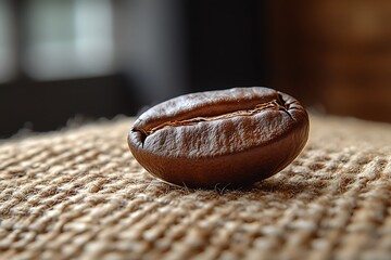 A single coffee bean on a burlap sack.