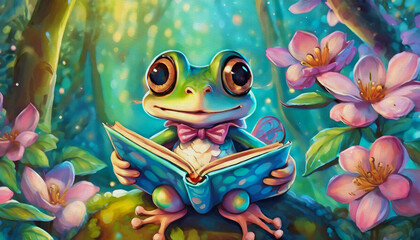 Wall Mural - oil painting style cartoon character illustration Frog reads a book and sitting on the ground in front of pink flowers. 