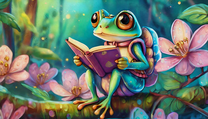 Wall Mural - oil painting style cartoon character illustration Frog reads a book and sitting on the ground in front of pink flowers. 