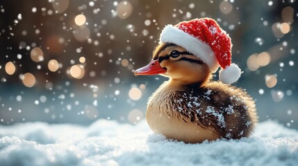 Cute duck in Santa Claus hat on snow background. Winter background with duck. Christmas concept.