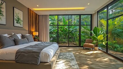 Poster - This Spacious bedroom featuring tropical greenery and natural light filtering through large windows.