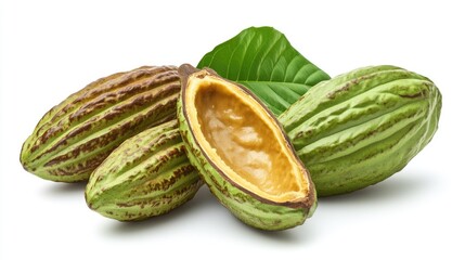 Cocoa beans and leaves on white isolated background.