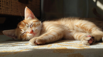 A kitten napping in a sunny spot on the floor