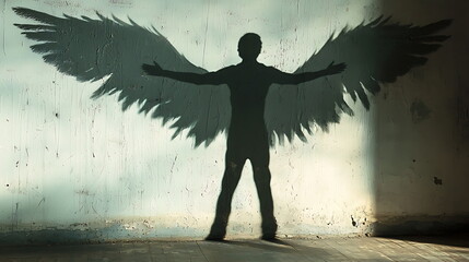 Poster - Inspiring silhouette of a person with angel wings cast against a textured wall evokes feelings of freedom and hope