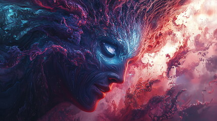 Poster - Surreal portrait of cosmic fusion merging human features with celestial elements in a dreamlike expression of existence