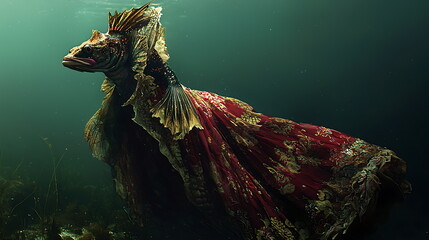 Poster - Enchanted underwater realm a majestic creature adorned in flowing fabric dancing through the mystical depths of the ocean