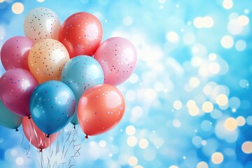 Festive blue background with bokeh and colorful balloons.