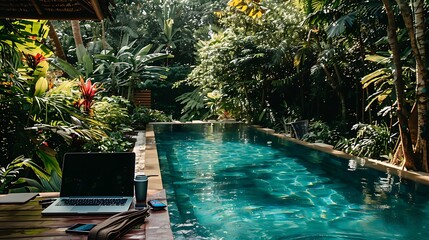 Wall Mural - laptop and hair dryer next to a calm pool flanked by verdant jungle