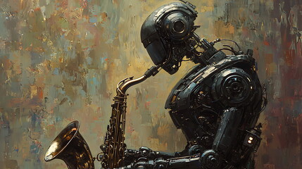 Leinwandbilder - Futuristic robot virtuoso a mechanical saxophonist serenades against a textured canvas of abstract colors