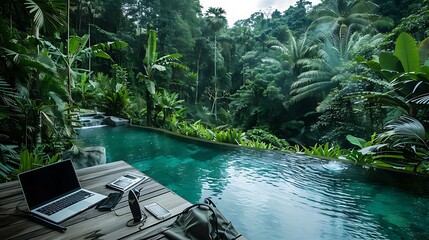 Wall Mural - laptop and hair dryer next to a calm pool flanked by verdant jungle