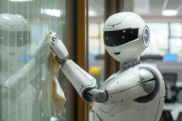 Portrait of happy humanoid robot cleaning glass window with rag at office.