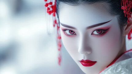 Stunning close up of traditional Chinese female with striking makeup, showcasing vibrant red accents and intricate details. expression conveys elegance and cultural richness