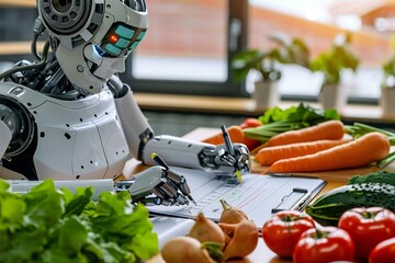 Close-up Of Female Robot Dietician Writing Prescription With Vegetables On Desk.