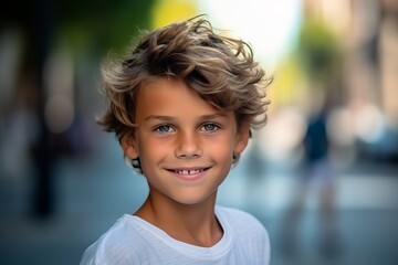 Portrait of a cute little boy with blond curly hair looking at camera