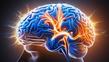 Poster -   Abstract Profile View of a Human Brain with Vivid Neural Patterns