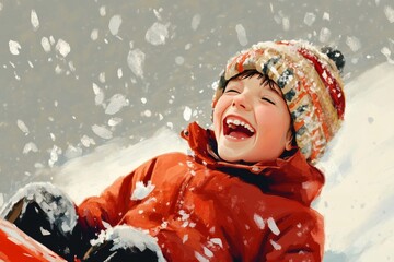 Wall Mural - Joyful boy laughing while sledding in the snow, embracing the excitement of winter playtime