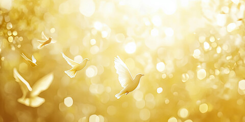 Wall Mural - flock of birds flying in the sky with a golden background. the birds are white and are flying in dif