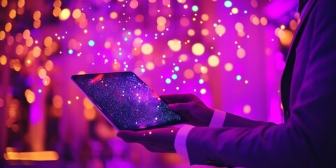 Wall Mural - Event planner holding a tablet with holographic party layouts decorations and guest lists floating in the air 
