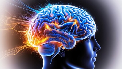 Poster -   Abstract Profile View of a Human Brain with Vivid Neural Patterns