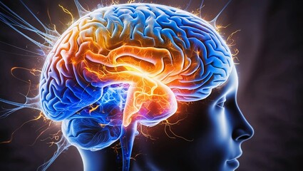 Poster -   Abstract Profile View of a Human Brain with Vivid Neural Patterns