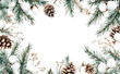 © lmot11 - Watercolor Christmas frame with space for text with fir branches, pine cone, cotton, leaves isolated on white background. Botanical winter greenery holiday illustration for wedding invitation card