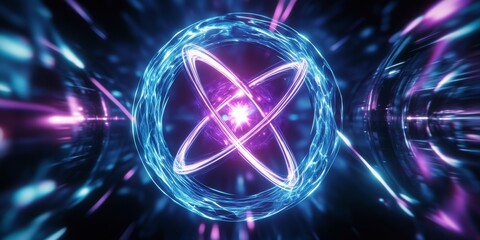 Wall Mural - a close-up of the inside of an atom, with light blue and purple neon lines in spiral patterns around