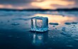 © burntime555 - Single melting ice cube on wet sand with blurred sunset beach scene in background, symbolizing climate change and global warming