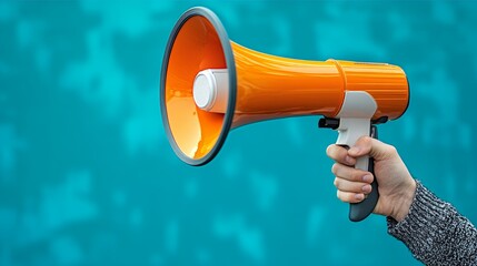  hand holding a megaphone, perspective shot, blue background 