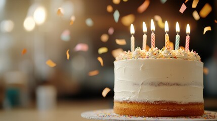 A delightful birthday cake with five burning candles, creamy frosting, and colorful sprinkles, surrounded by confetti creating a festive and joyful atmosphere.